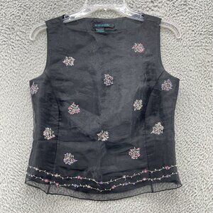 Vintage 90s Y2K BCBG Top S Black Embroidered Flowers Goth Grunge Sheer‎ Square